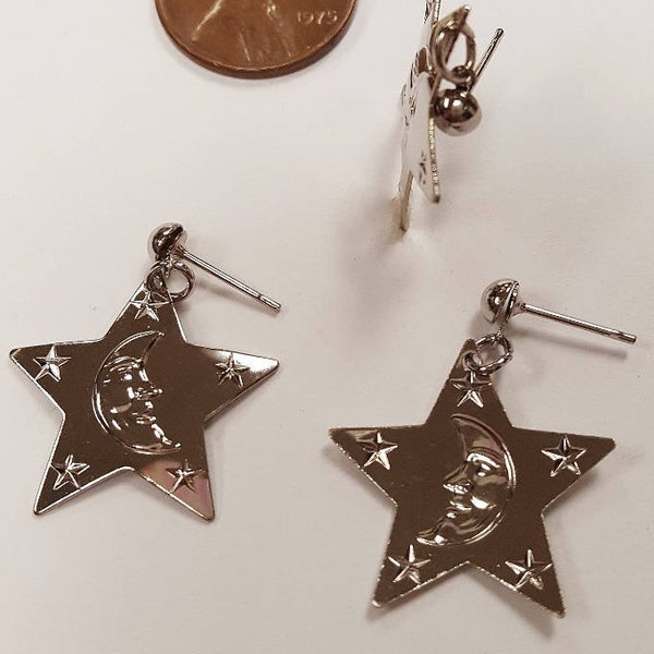 3 Pair Vintage Silver Star 21mm. Moon Stars Dangle Metal Pierced Earrings N29