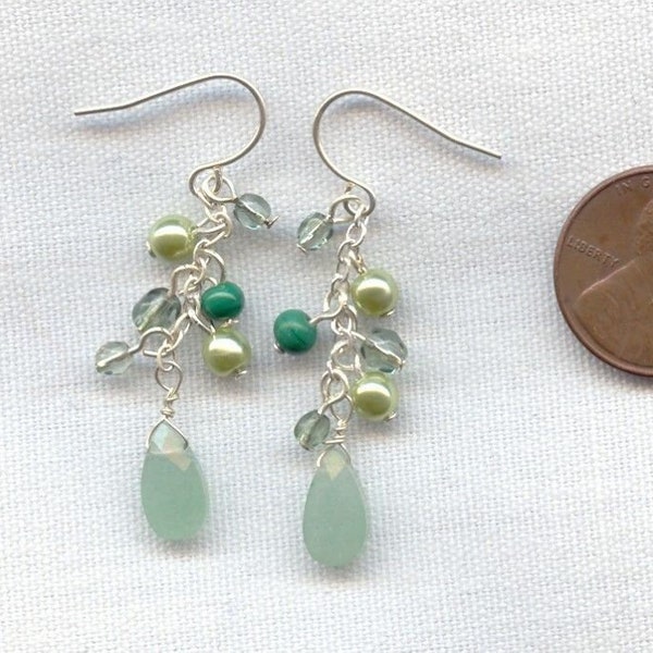 1 Pair Vintage Genuine Jade Drop Beaded Cluster Silver Hook Dangle Earrings M43