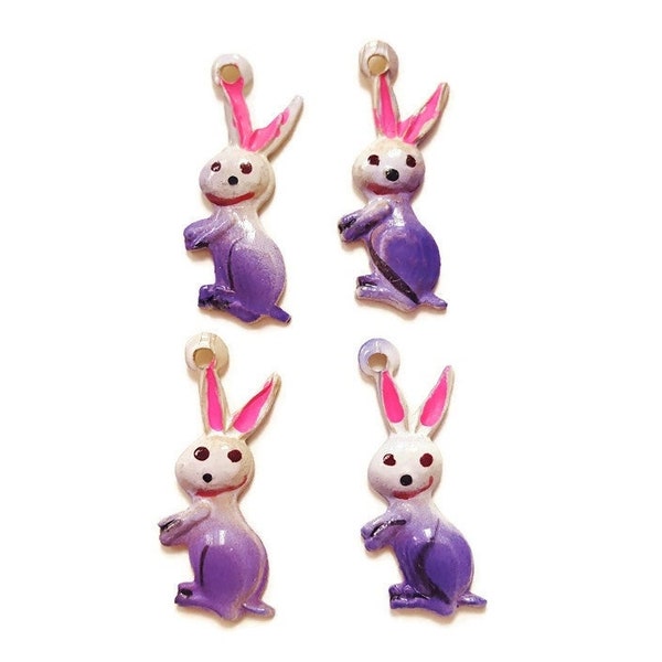 12 Vintage Hand Painted Purple White Bunny Rabbit Gold Plated Bead Charms 5383