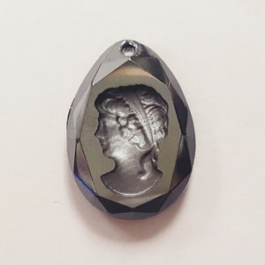 Vintage Hematite Glass Lady Headband 20mm. Drop Left Intaglio Cameo Charm Pendant 379