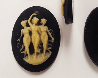 3 Vintage Dancing 3 Ladies Muses Graces 40x30mm. Oval Jet Black Resin Cameos 167