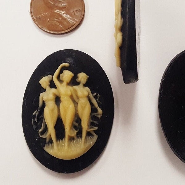 3 Vintage Dancing 3 Ladies Muses Graces 40x30mm. Oval Jet Black Resin Cameos 167