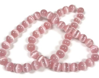 50 Cat's Eye Fiber Optic Glass Light Pink 8mm. Smooth Round Beads 2583