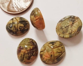 3 Vintage Japanese Genuine Epidote Unakite Gemstone 12x10mm. Oval Scarabs R861