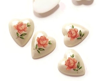 12 Vintage Japan Glass Pink Rose 11mm Pearlized Heart Limoge Cameo Cabochons 391