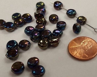 24 Vintage Glass Blue Iris AB Smooth Flat Round Disc 7mm. Beads 2116