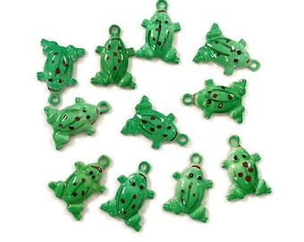 12 Vintage Hand Painted Green Spotted Frog Toad Gold Plated Bead Charms 5672