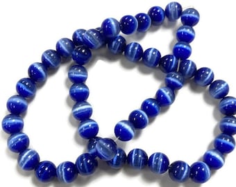 50 Katzenaugen Fiber Optik Glas Sapphire Glatte Runde Perlen 2580