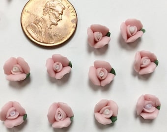 12 Vintage Handmade Porcelain Pink White Rose Flower 8mm. Cameo Cabochons CF2