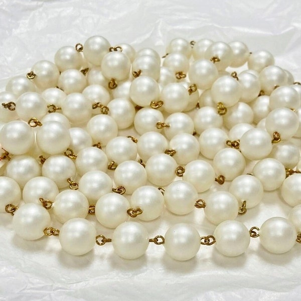 5 Feet Vintage Hong Kong Satin 12mm. Pearl Beaded Brass Rosary Link Continuous Chain 2599T