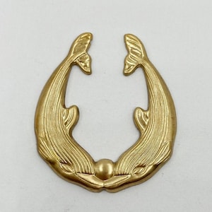 4 Vintage Brass Kissing Dolphin Whales Hoop Stamped 41mm. USA Made Findings 1642