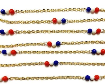 5 Feet Vintage Red White Blue USA Americana Beaded Gold-Plated Cable Chain M293
