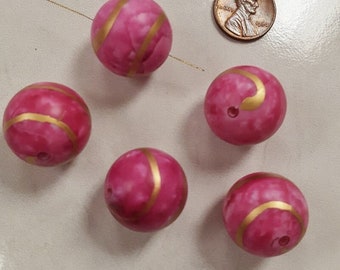 6 Vintage Pink Wash Gold Hand Painted Spiral 22mm. Round Acrylic Beads N261