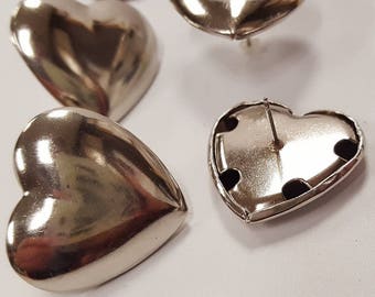 1 Pair (2 Pieces) Vintage Silver Puffed 24mm Heart Pierced Stud Earrings N439