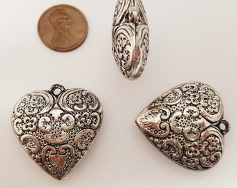 3 Vintage Antique Silver Heart Floral Scroll 31mm. Acrylic Puffed Pendants 1586