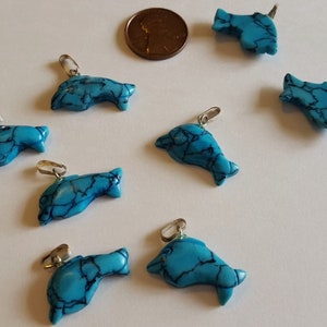 1 Vintage Genuine Turquoise Howlite Gemstone Hand Carved 12x23mm. Dolphin Pendant Charm R544 image 1