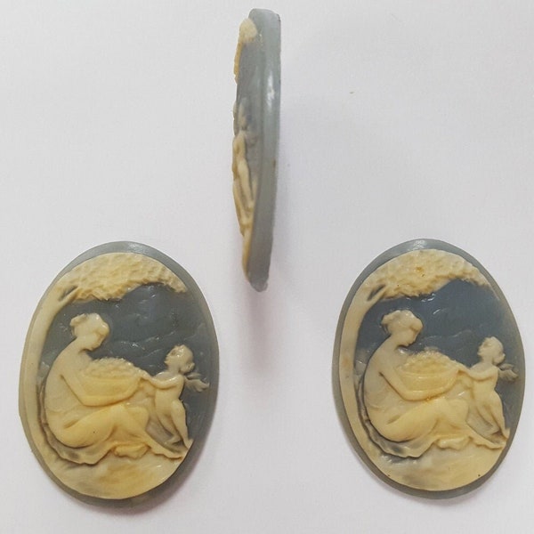 3 Vintage Lady Fruit Basket & Cherub Under Tree 40mm. Oval Blue Resin Cameos 154