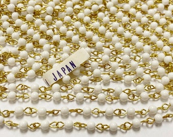 20 Feet Vintage Japanese White 4mm. Beaded Brass Rosary Link Chain 2472