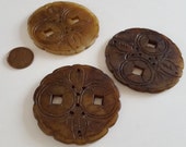 Vintage Genuine Light Brown Jadeite Chinese Jade 57mm. Round Geometric Hand Carved Floral Design Pendant R533