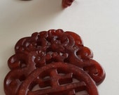 Vintage Genuine Red Jadeite Chinese Jade 60x47mm. Hand Carved Two Birds Asian Writing Pendant R535