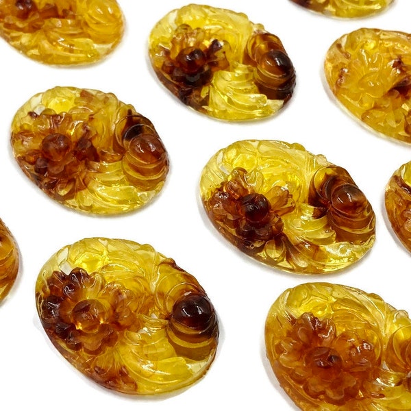 6 Vintage Hong Kong Tortoise Amber Resin Floral 40x30mm Oval Cabochon Cameos 112