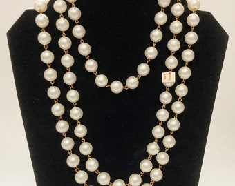 5 Feet Vintage Hong Kong Satin 12mm. Pearl Beaded Brass Rosary Link Continuous Chain 2599T