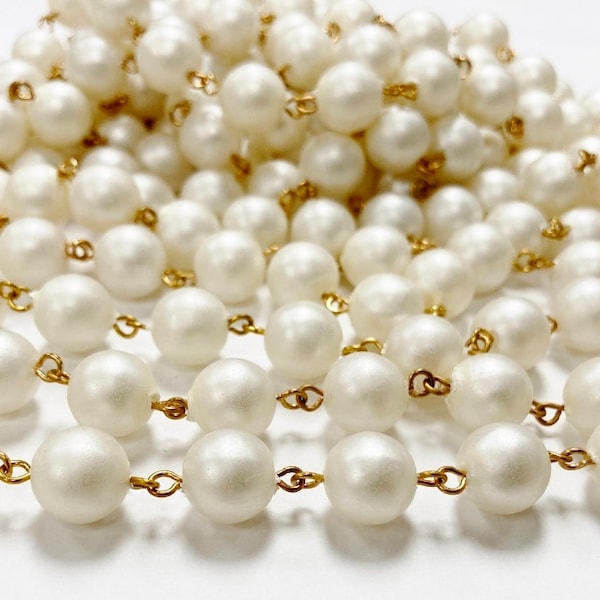 10 Feet Vintage Hong Kong Satin 10mm. Pearl Beaded Brass Rosary Link Continuous Chain 1016