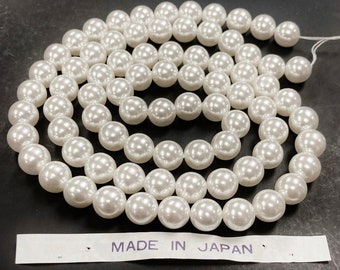 75 Vintage Japanese White Pearl Acrylic 10mm. Round Smooth Beads (30 Inch String) 1795