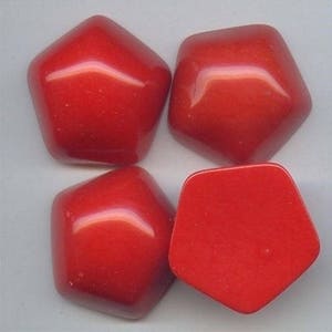 May include: Four red, five-sided, cabochon shaped glass stones.