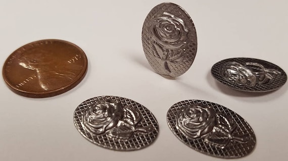 6 Vintage Steel Rose Flower Cameo 18x13mm. Silver Metal Stamping