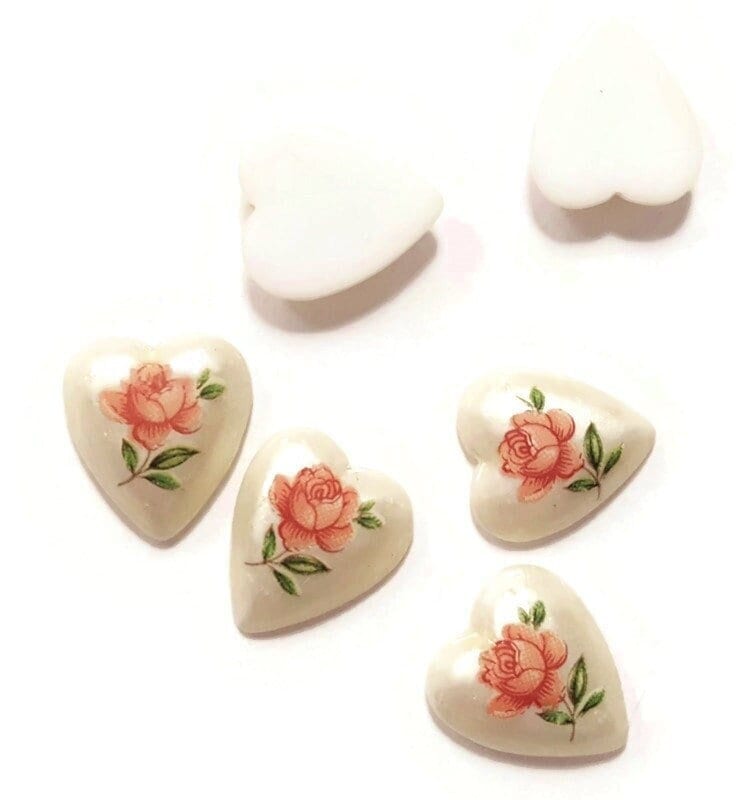 12 Vintage Japan Glass Pink Rose 11mm Pearlized Heart Limoge Cameo