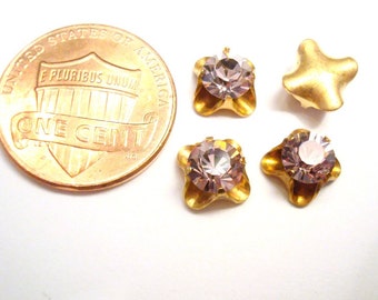 6 Vintage Brass Swarovski Lt Amethyst Rhinestone Sew On Findings R38