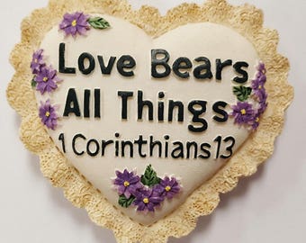 Handpainted Love Bears All Things 2" Heart Flower Ornament Pendant Magnet N577