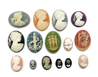 15 Vintage Cameos - Assorted Resin Acrylic Cameo Lot - DIY Jewelry Making, Repair & Crafting C80