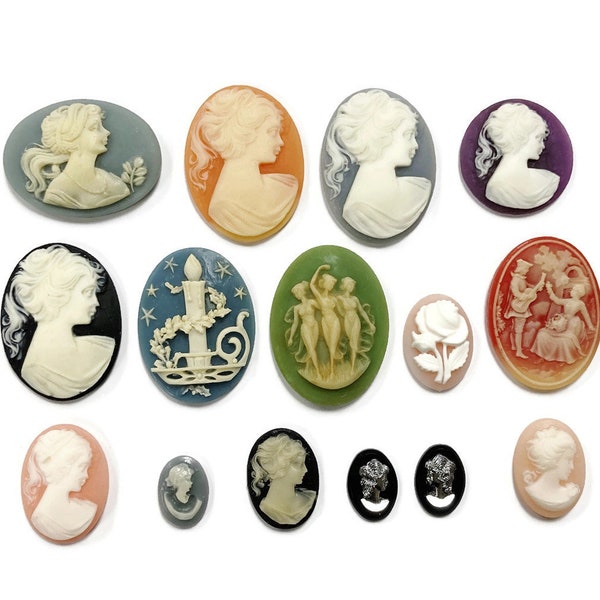 15 Vintage Cameos - Assorted Resin Acrylic Cameo Lot - DIY Jewelry Making, Repair & Crafting C80N