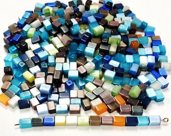 1/4 Pound (450+ Pieces) Cat's Eye Fiber Optic Glass Rectangle Mixed Color Beads - Jewelry Making / Crafting  CH7