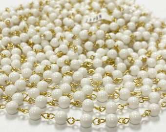 20 Feet Vintage Japanese White 6mm. Beaded Brass Rosary Link Chain 2473