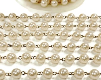 3 Feet Vintage Hong Kong Pearl Smooth 10mm. Beaded Brass Rosary Link Chain Section 1058