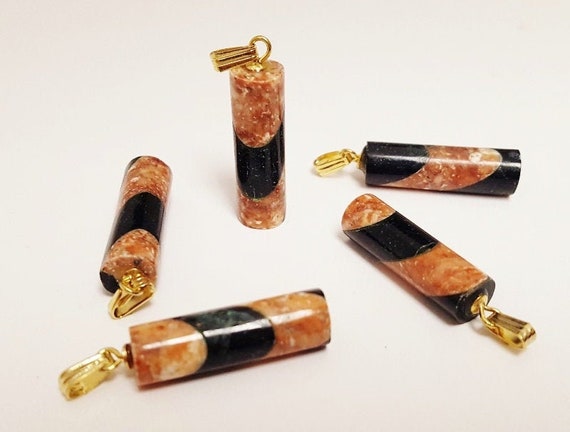 Vintage Genuine Marble Stone Black Rosetta Red Stripe Cylinder Drop Pendant 1261
