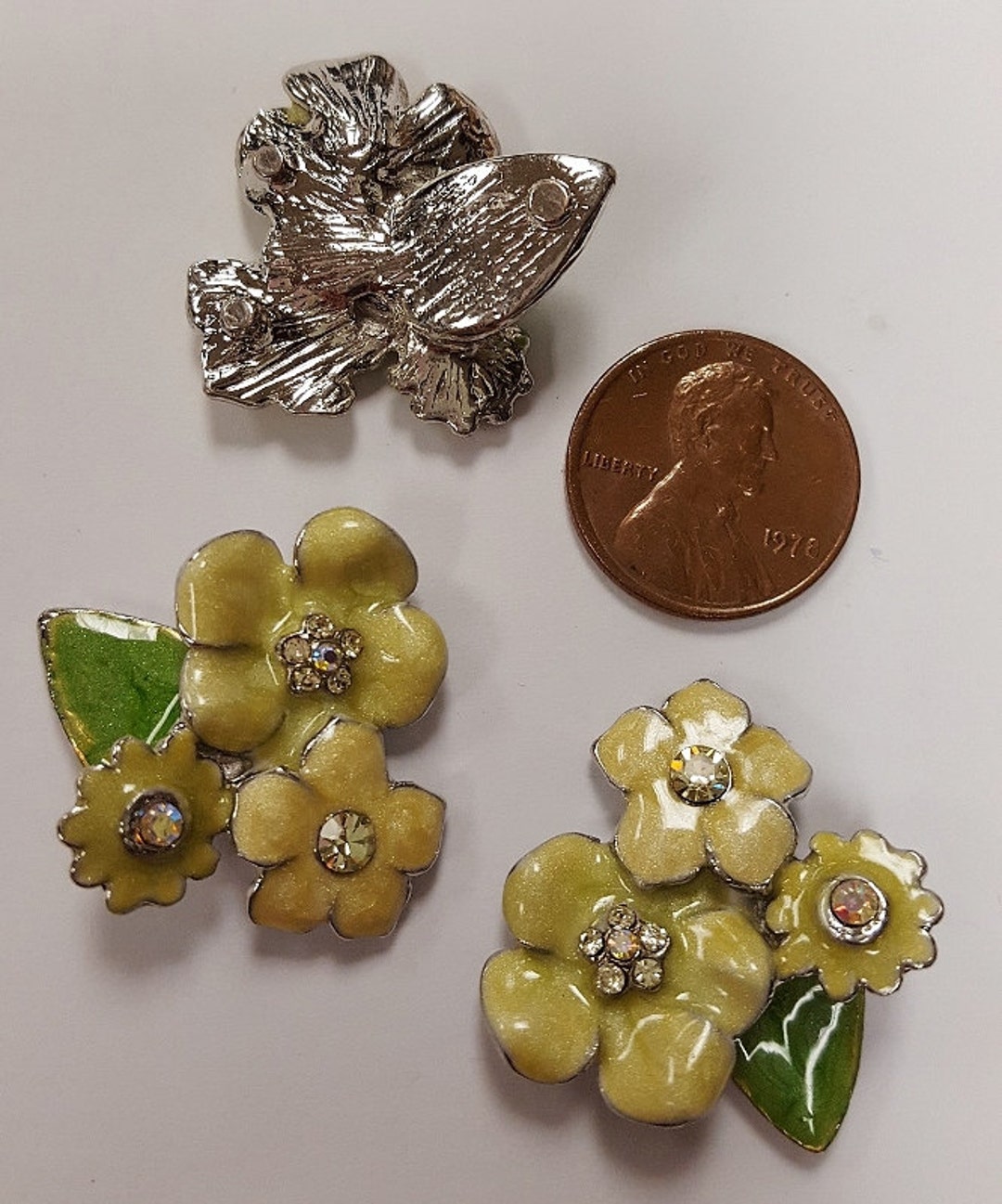 1 Yellow Flowers With Rhinestone Centers 27mm. Enameled Finding
