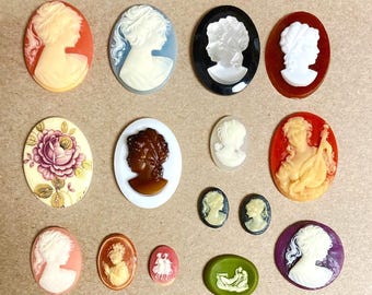 15 Vintage Cameos - Assorted Resin Acrylic Cameo Lot - DIY Jewelry Making, Repair & Crafting C80