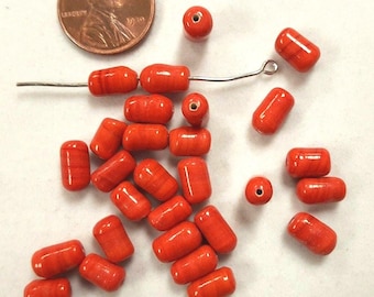 24 Vintage Handmade Glass Red Coral Swirl 9x5mm. Oval Tube Beads 2115