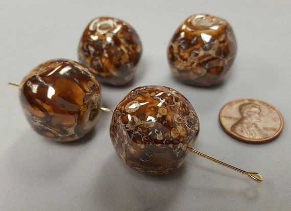 6 Vintage Genuine Porcelain Brown White Matrix 22mm Baroque Large Hole Bead 2109