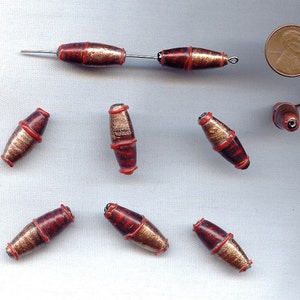 6 Vintage Glass Bronze and Ruby Red Lampwork Handmade 25x10mm. Oval Beads R395