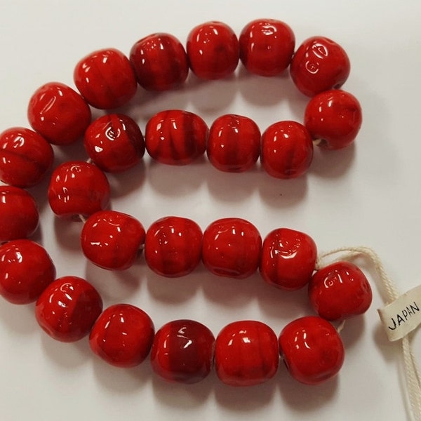 24 Vintage Japan Cherry Brand Glass Red Swirled 11mm. Baroque Round Beads 4665T