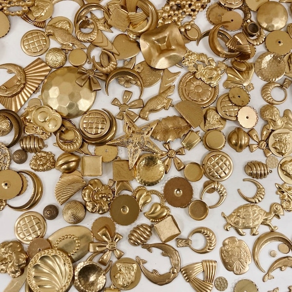 1/2 Pound Vintage Assorted Solid Brass Stampings, Findings & Settings Lot - USA Made 1652