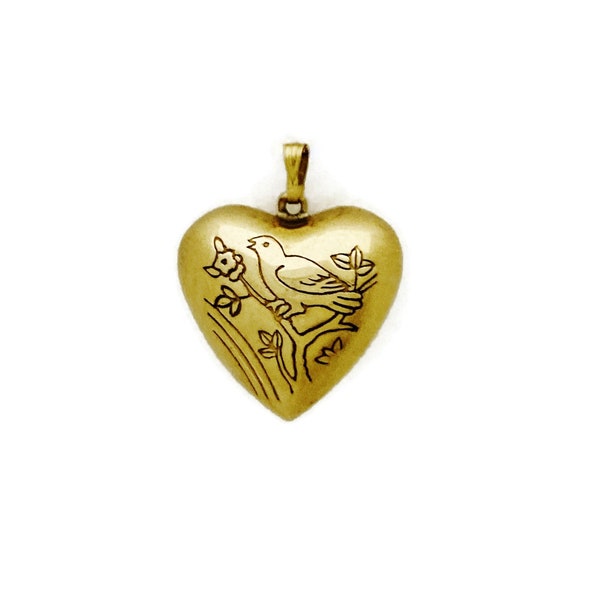 2 Vintage Brass Puffed Heart Etched Bird In Tree Design 24mm. 3D Pendant 5746P