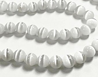 50 Katzenaugen aus Fiberglas Weiss 8 mm. Glatte runde lose Perlen 2569