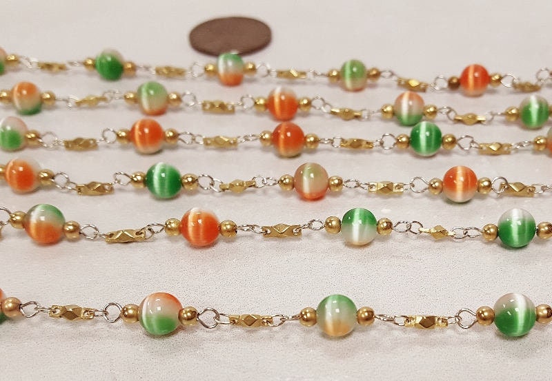 5 Ft Vintage Glass Green Orange White Givre Cats Eye 6mm. Beaded Brass Rosary Chain 4221