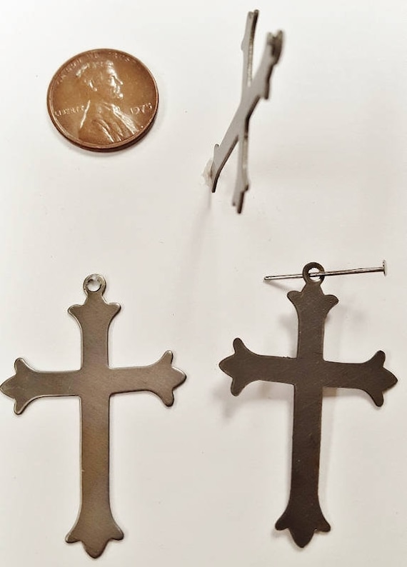 12 Vintage Steel Fleuree Cross Flat 41mm. Silver Stamping Finding Pendants N71